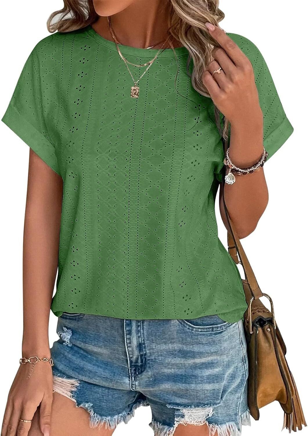 Womens Eyelet Embroidery Top Short Sleeve Curved Hem Loose Fit Summer T Shirt