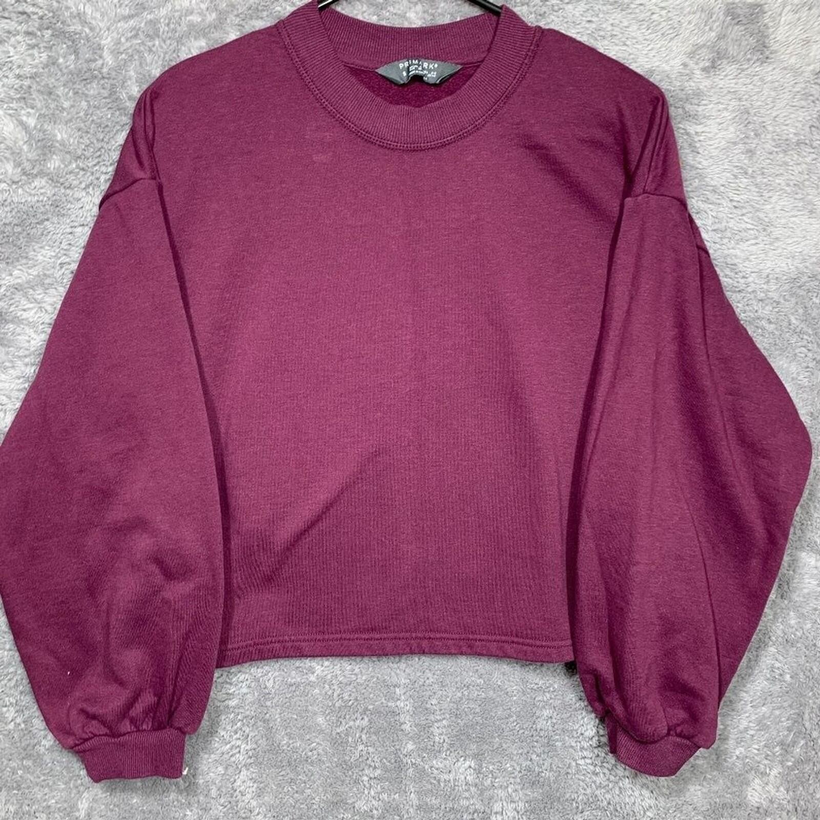 Primark Sweatshirt Womens S Burgundy Cropped Puff Sleeve Fleece Pullover Relaxed