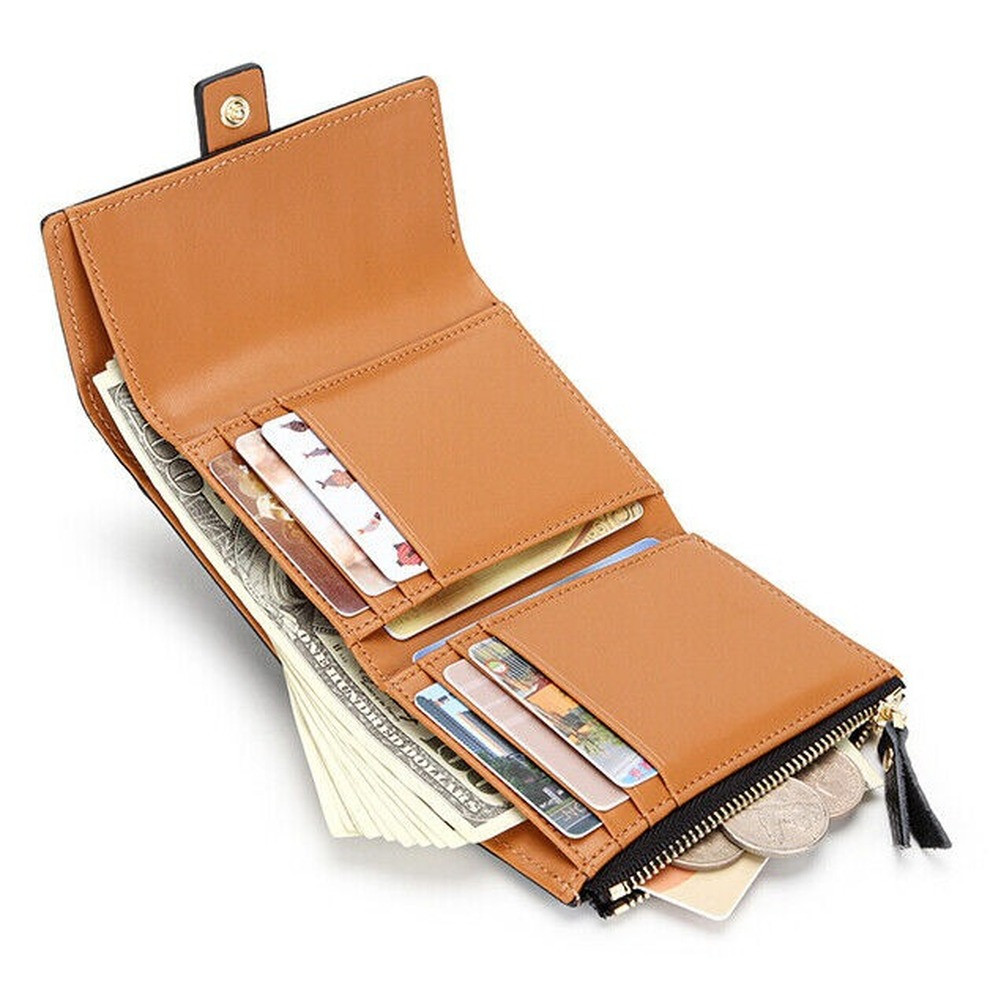 Women Trifold RFID Blocking Genuine Leather Wallet Hasp Card Holder Mini Handbag