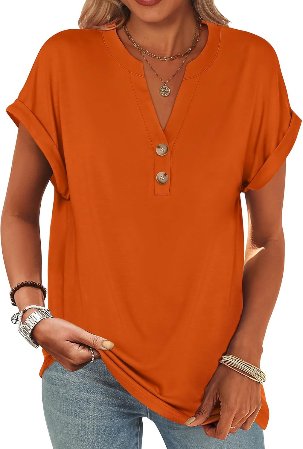 Womens Henley V Neck Short Sleeve Loose Fit Casual Summer Tunic Blouse Top