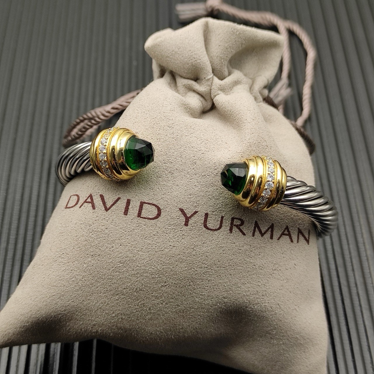 David Yurman Signed 925 Sterling Silver Cuff Bracelet Green Onyx Stackable