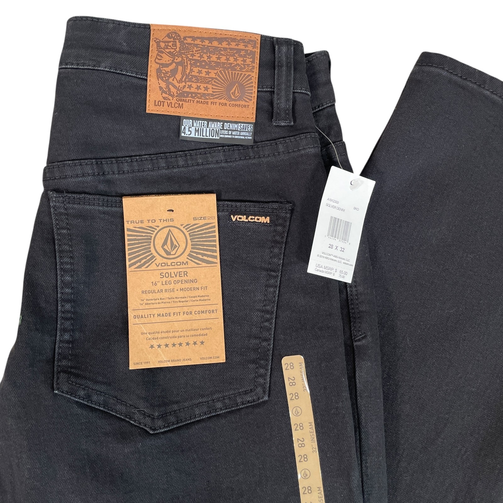 NEW Volcom Solver Modern Straight Jeans Mens 28×32 Blackout Denim Stretch Dark
