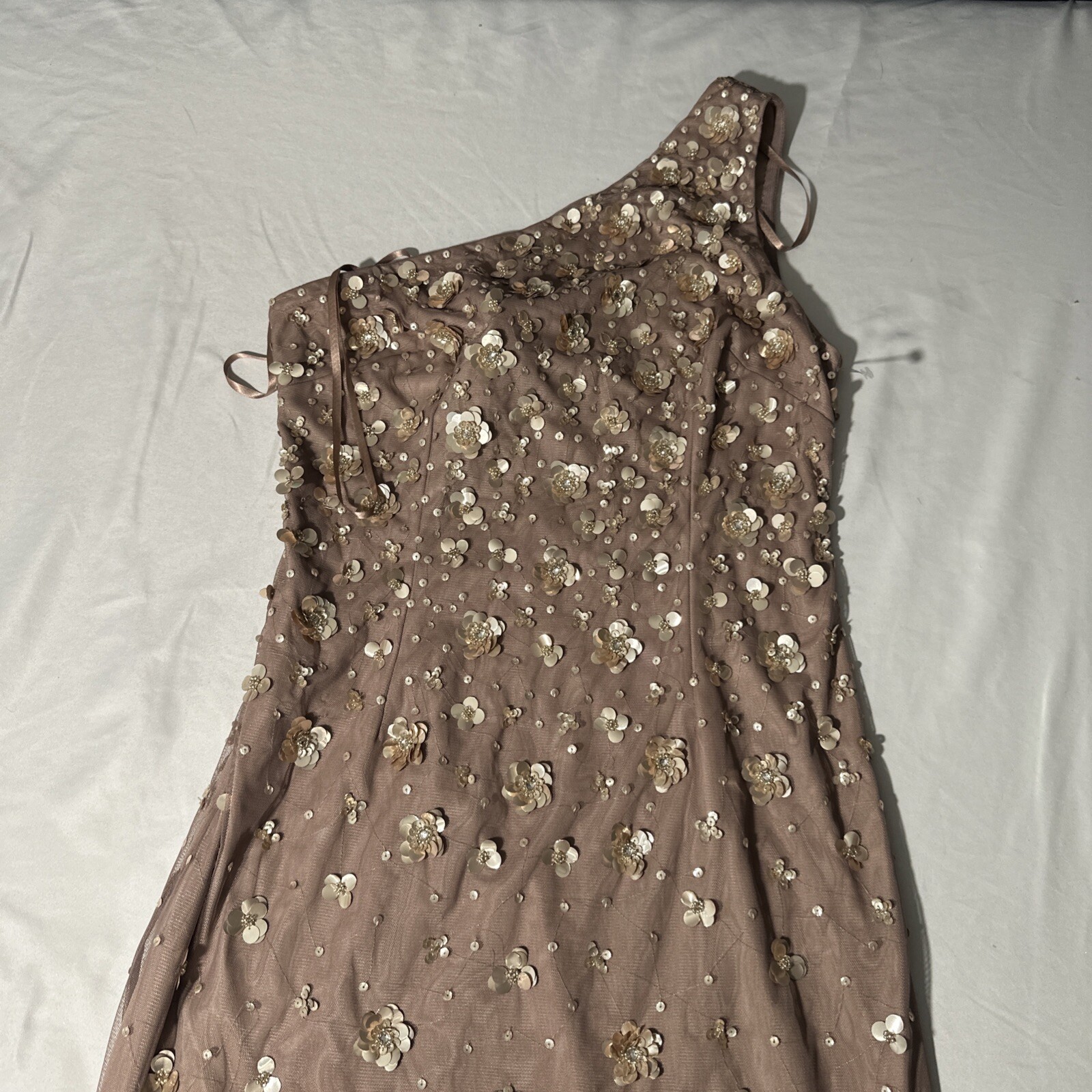 NEW $249 Adrianna Papell [ 6 ] 3D Floral-Beaded One-Shoulder Gown in Stone S1696