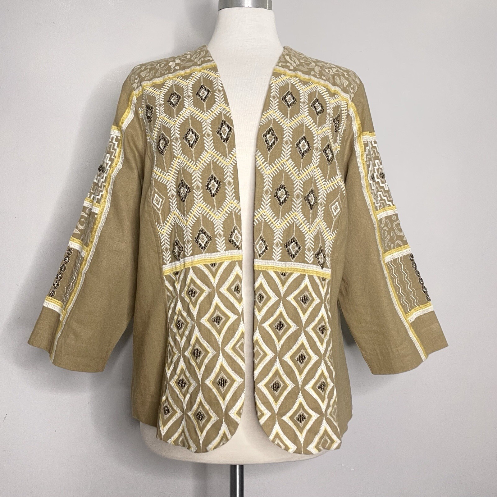 Chico’s Open Front Linen Blend Beaded Embroidered Diamond Artisan Jacket