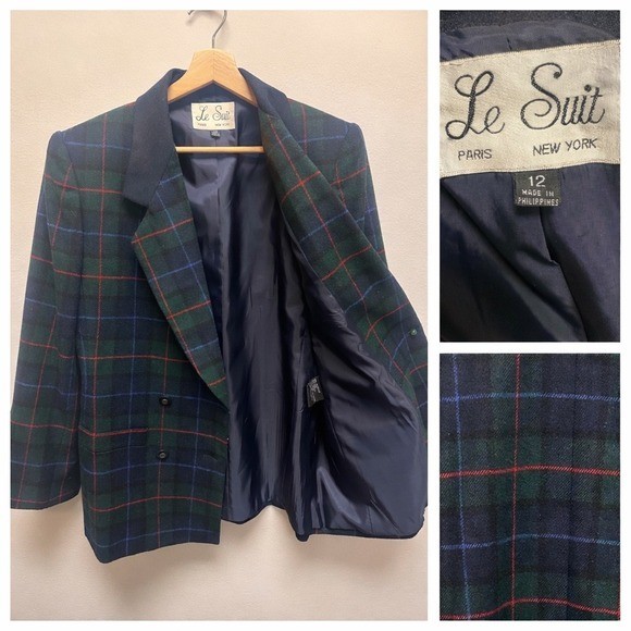 Le Suit Plaid Blazer Double Breasted Womens Size 12 Wool Acrylic Blend Business