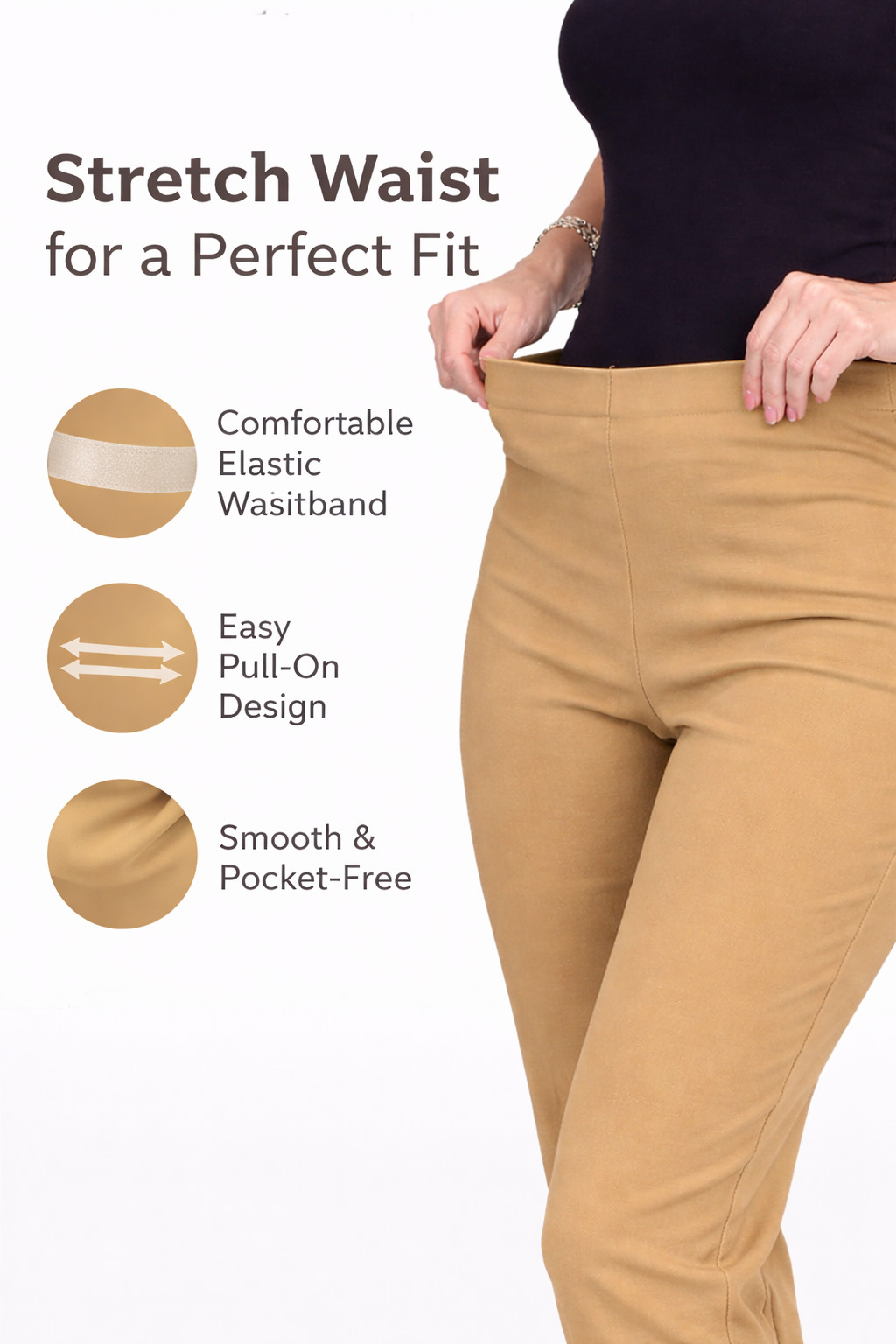 Women’s Pull On Trousers High Waist Straight Leg Work Pants, Elasticated Waist
