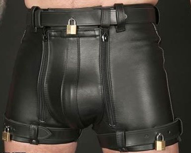 MEN’S LEATHER RESTRAINTS CHASTITY SHORTS+ PADLOCKS BLUF/BONDAGESHORTS USA STOCK