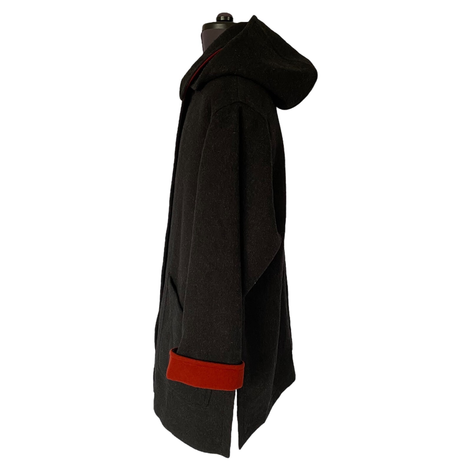LODENFREY Hooded Coat Black Charcoal Virgin Wool Red Trim Ladies UK 18 D/A 44