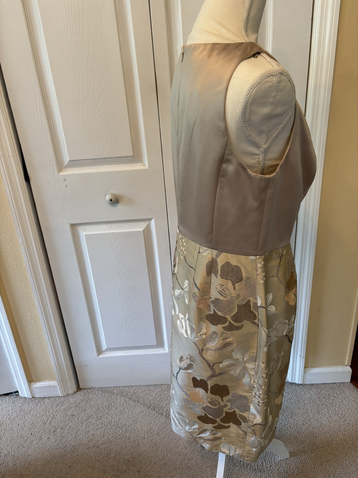 Kay Unger Satin Dress with Solid V Neck Top and Floral Brocade Bottom