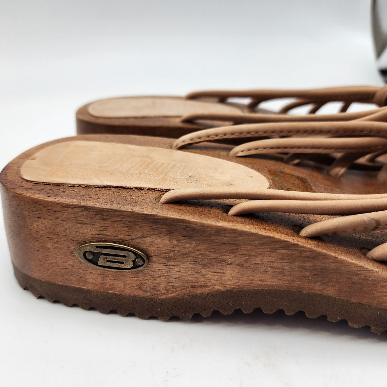 Bongo Vintage Y2K Wooden Platform Sandals Women’s 8M Tan Leather Strappy Wedge