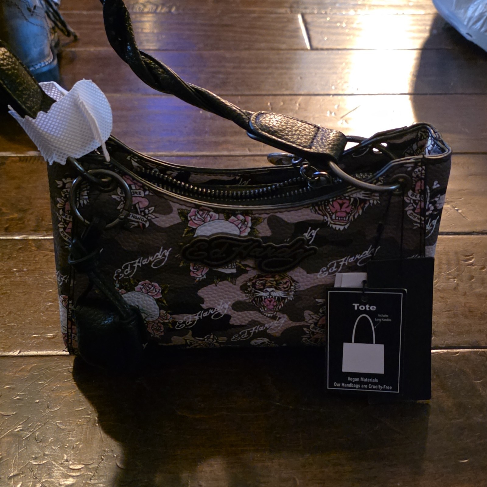 Ed Hardy Camo Skull Tiger Rose Zip Shoulder Bag, Detachable Strap Black/Gray