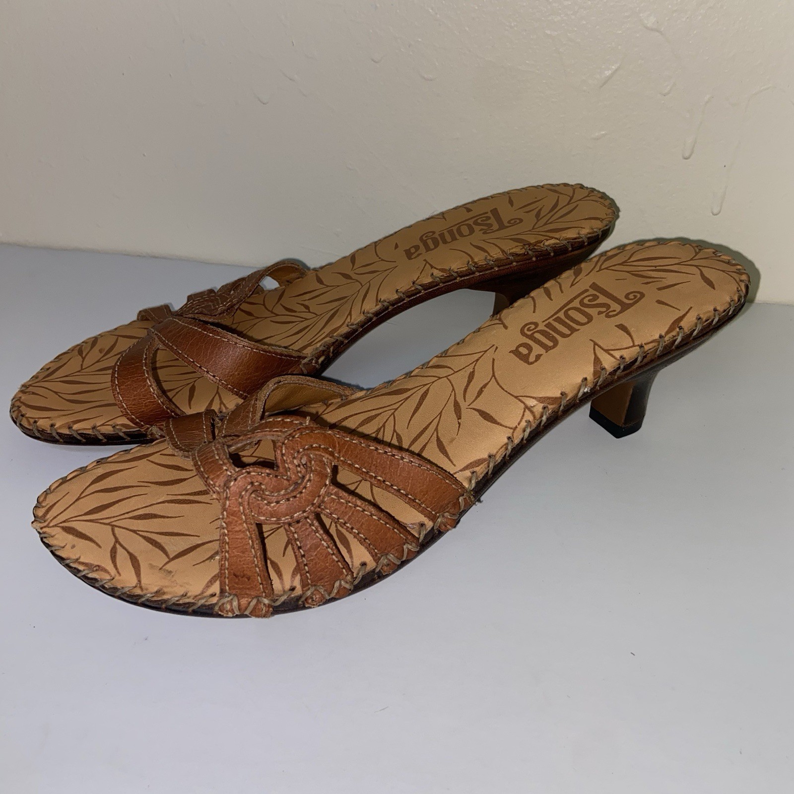 Tsonga Shoes Womens Size 7 Leather Kitten Heels Slip On Sandals Boho Artsy Brown