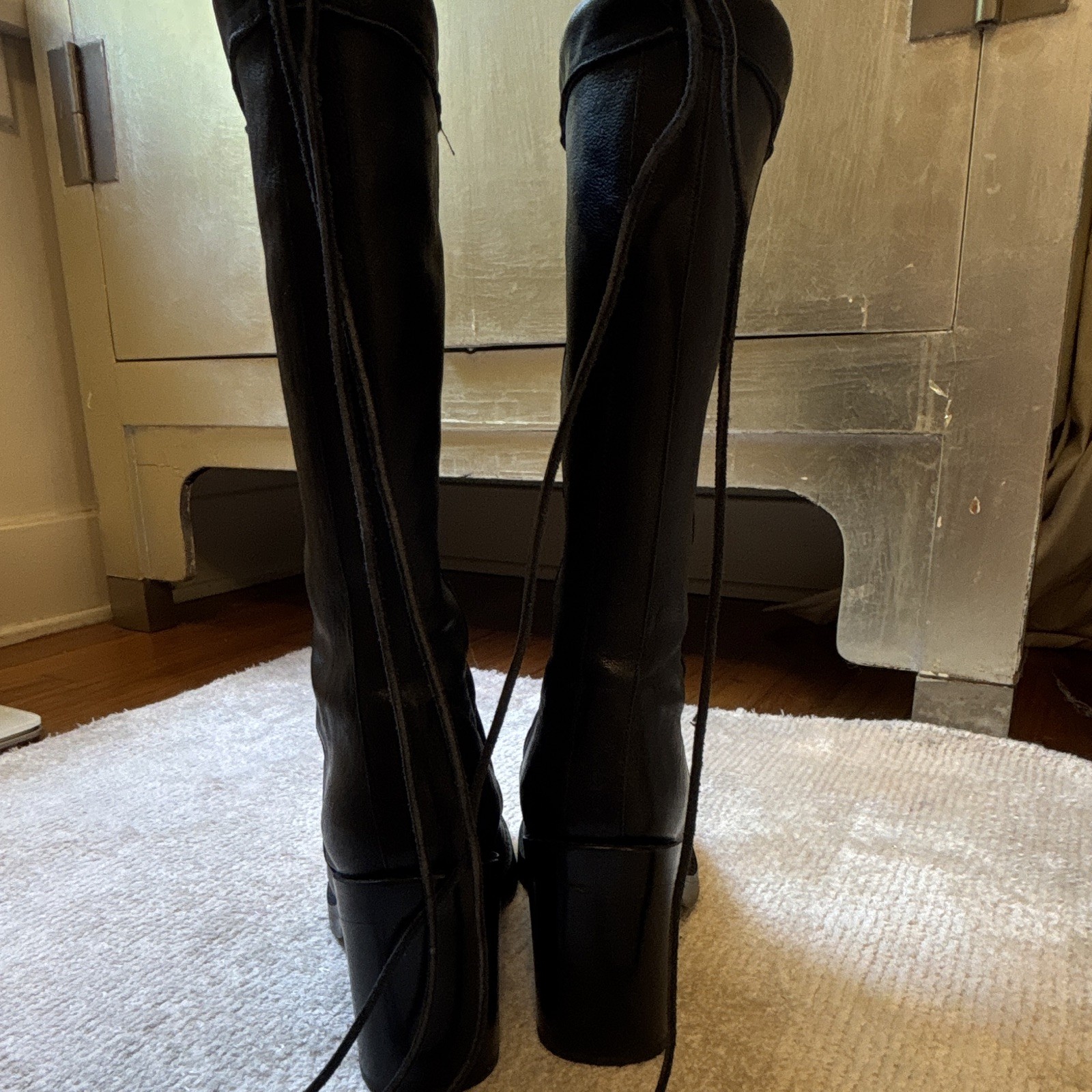 Ann Demeulemeester Women’s Black Leather Knee High Boots Lace-Up Zipper 9