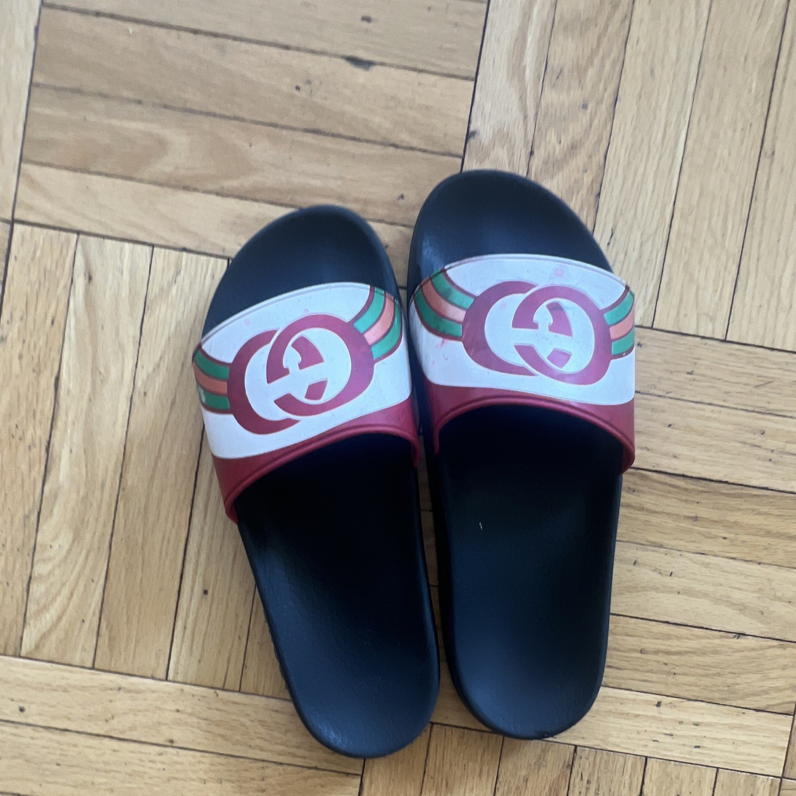 Gucci Men’s Logo Web Stripe Slide Sandals Black/Red/Green/White 11.5