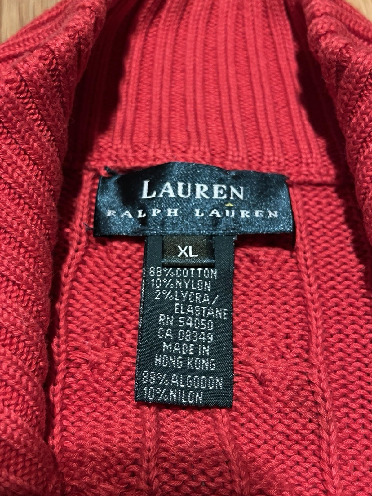 Lauren Ralph Lauren Red Cable Knit Mock Neck Cardigan Sweater XL Preppy Cottage