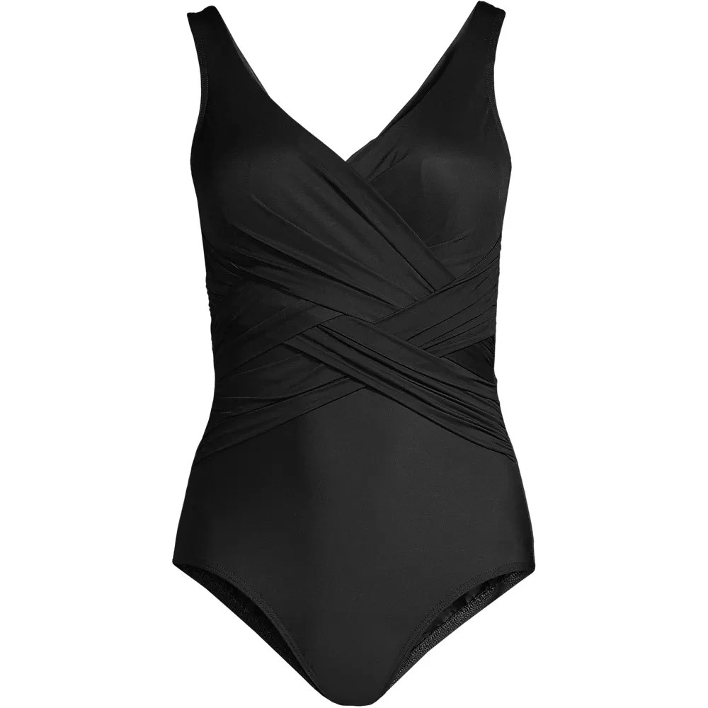 Lands’ End SlenderSuit Wrap One Piece Swimsuit Black Size 6 Tall Long Torso