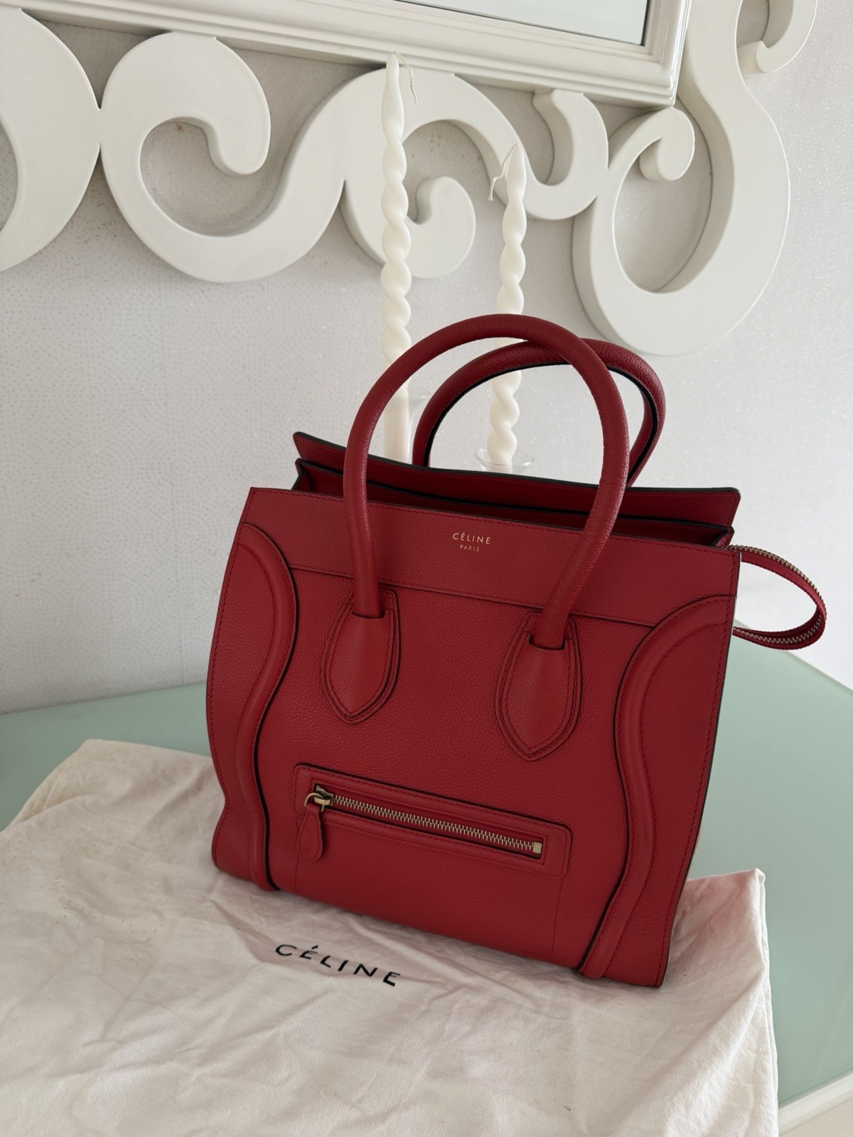 Authentic Celine luggage Tote bag Red Calf Skin