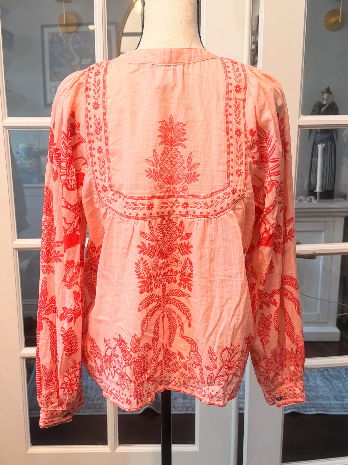 Calypso St. Barth Womens Boho Peasant Beach Blouse Top Peach Palm Tree Design M