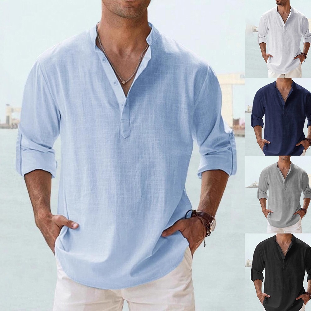 Men Linen Shirt Office Casual Stretch Fabric 80%Cotton Blend+20%Spandex