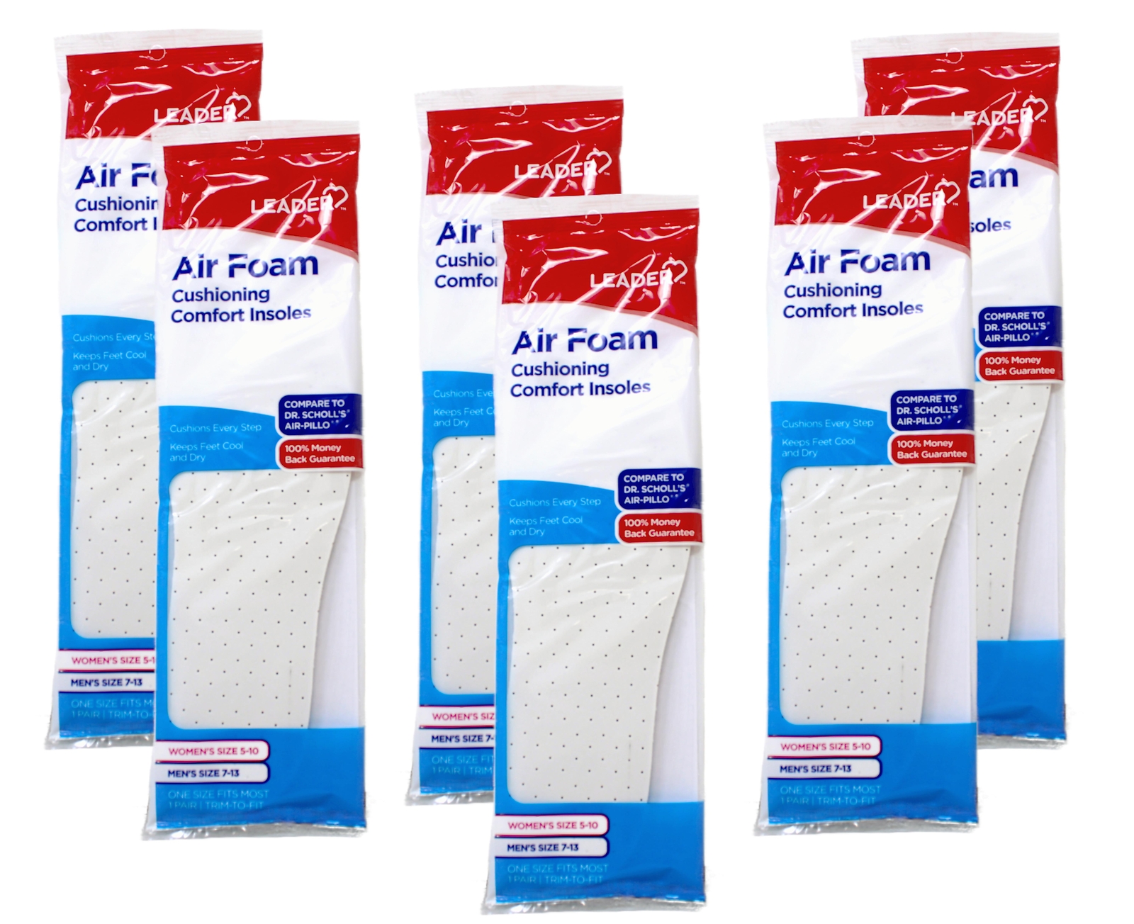 6 Pack – Leader Double Air Foam Insoles Extra Thick Cool & Dry Cushions, 1 Pair