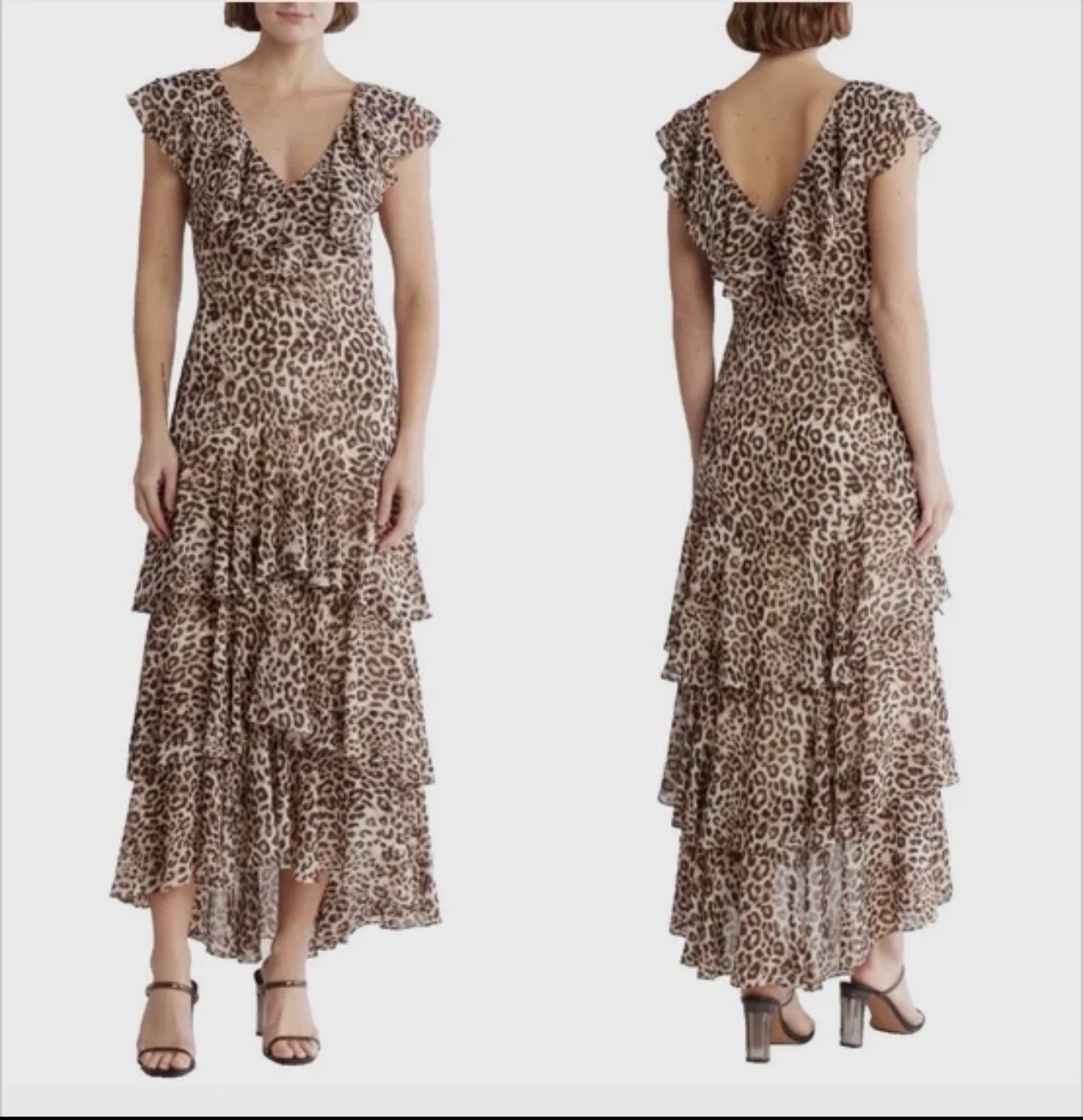 Wayf Leopard Print Ruffle High-Low Maxi Dress – Brown & Cream
