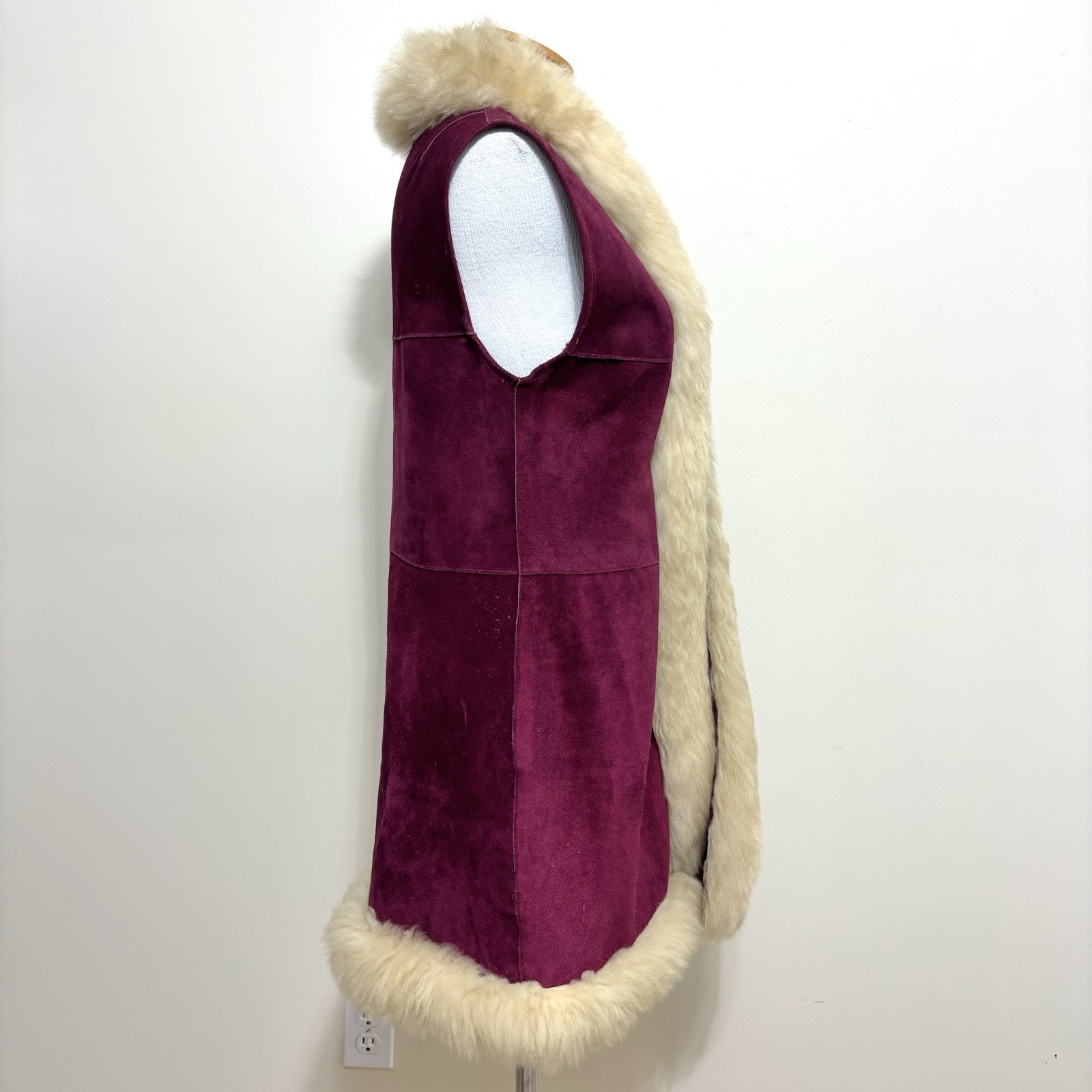 Vtg 60s 70s Penny Lane Burgundy Suede & Lamb Shearling Vest Hippie Afghan Coat S