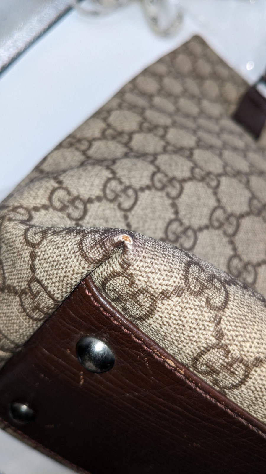 Gucci GG Supreme Monogram Canvas Brown Leather Large Tote Shopper Bag