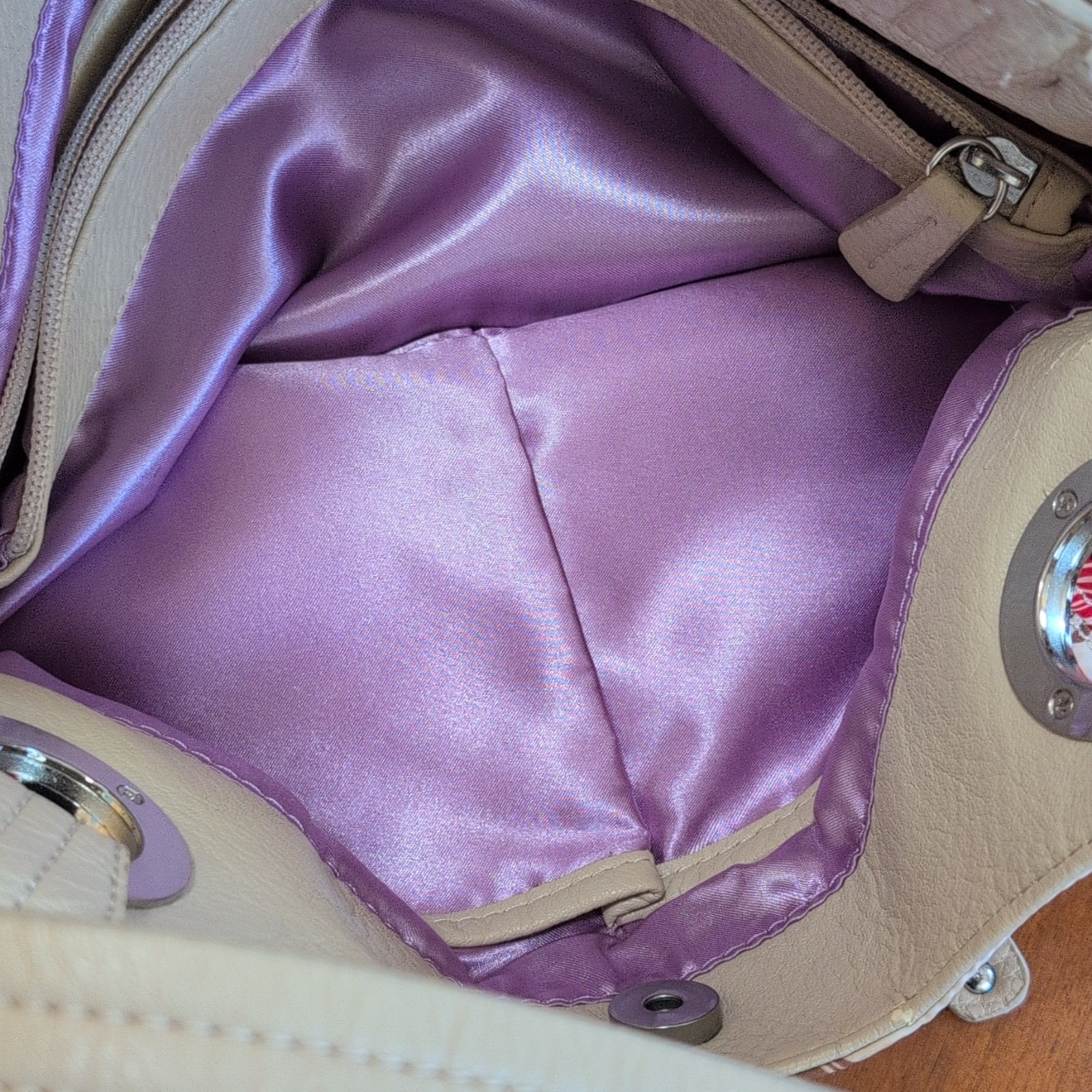 Tyler Rodan Polka Dot Multicolor Shoulder Bag Beige Strap Purple Lining