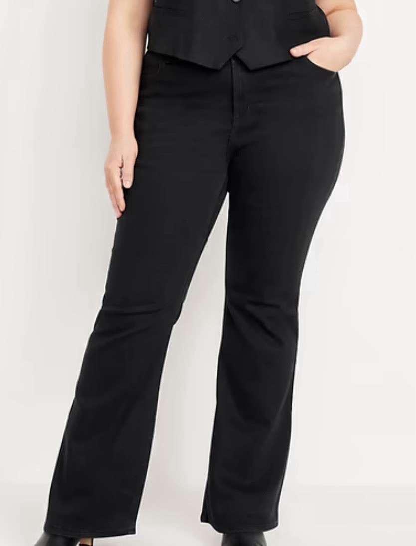 Old Navy Women’s Black Flare Denim Pants Stretch Pockets Mid Rise Button