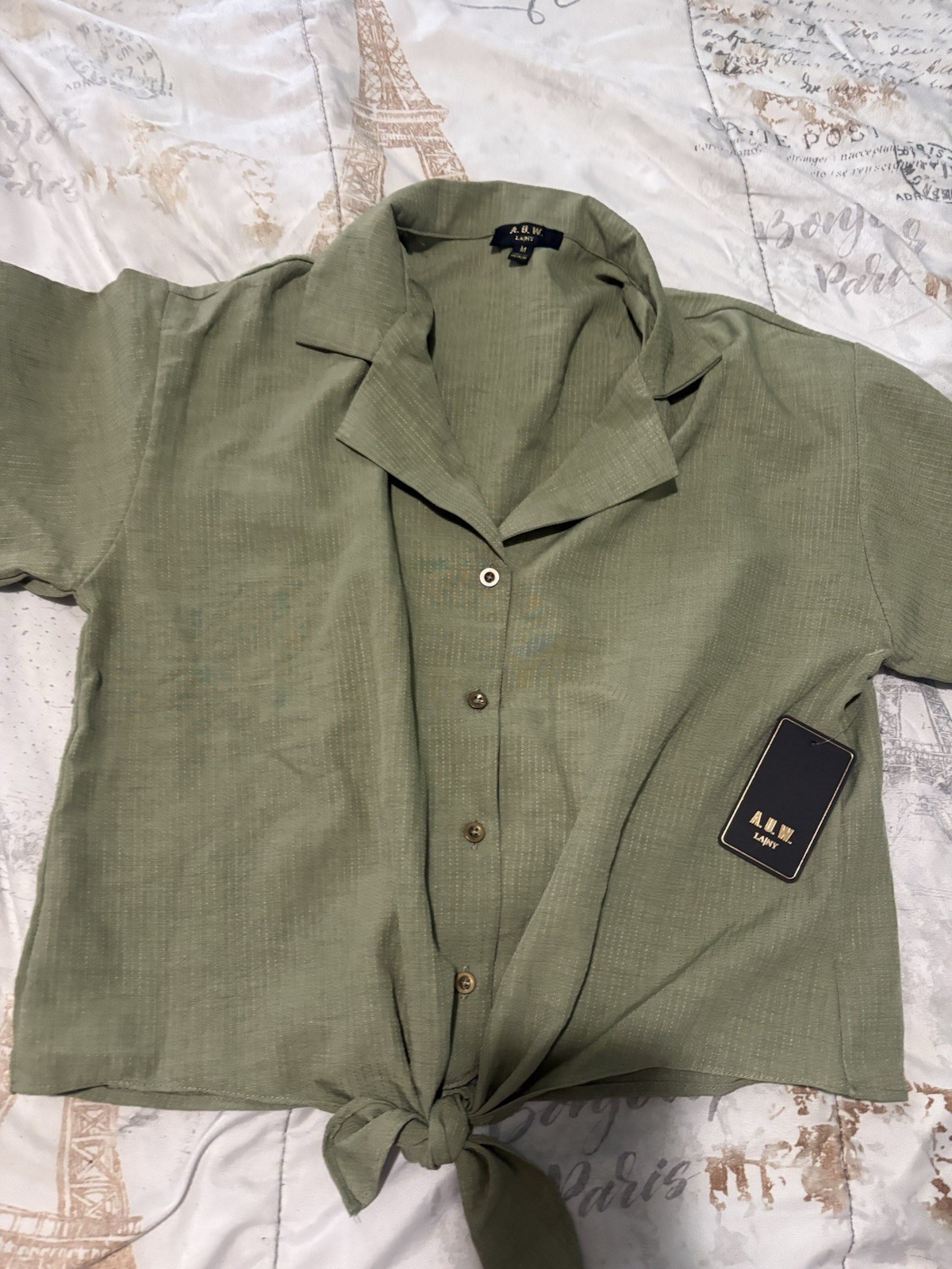A.U.W. LAINY Olive Green Button-Down Front-Tie Shirt, Sizes S-M-XL