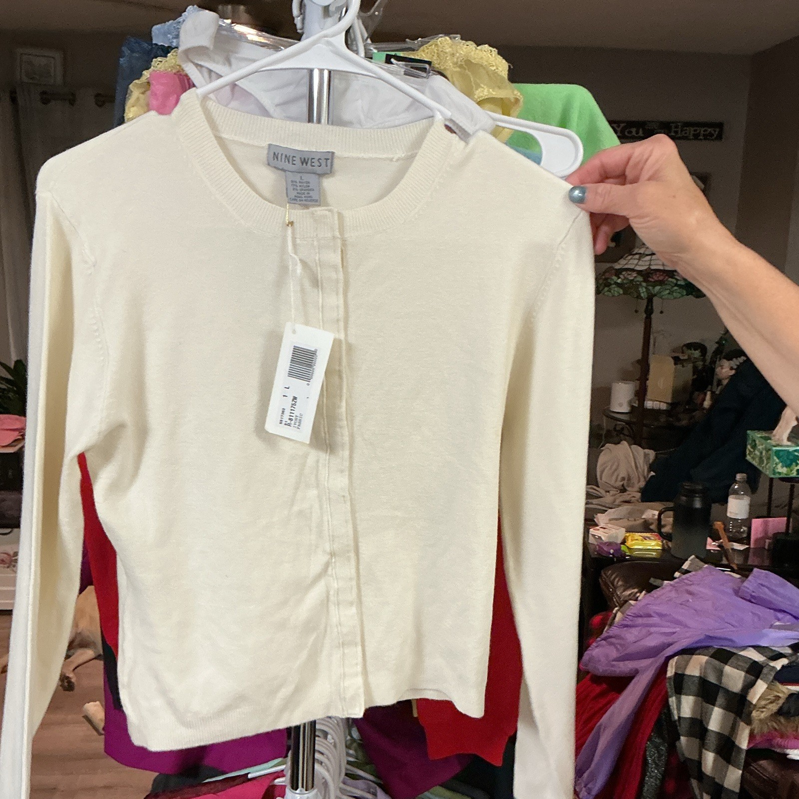 Nine West Ivory Solid Knit Lightweight Crew Neck Button Cardigan Sweater L