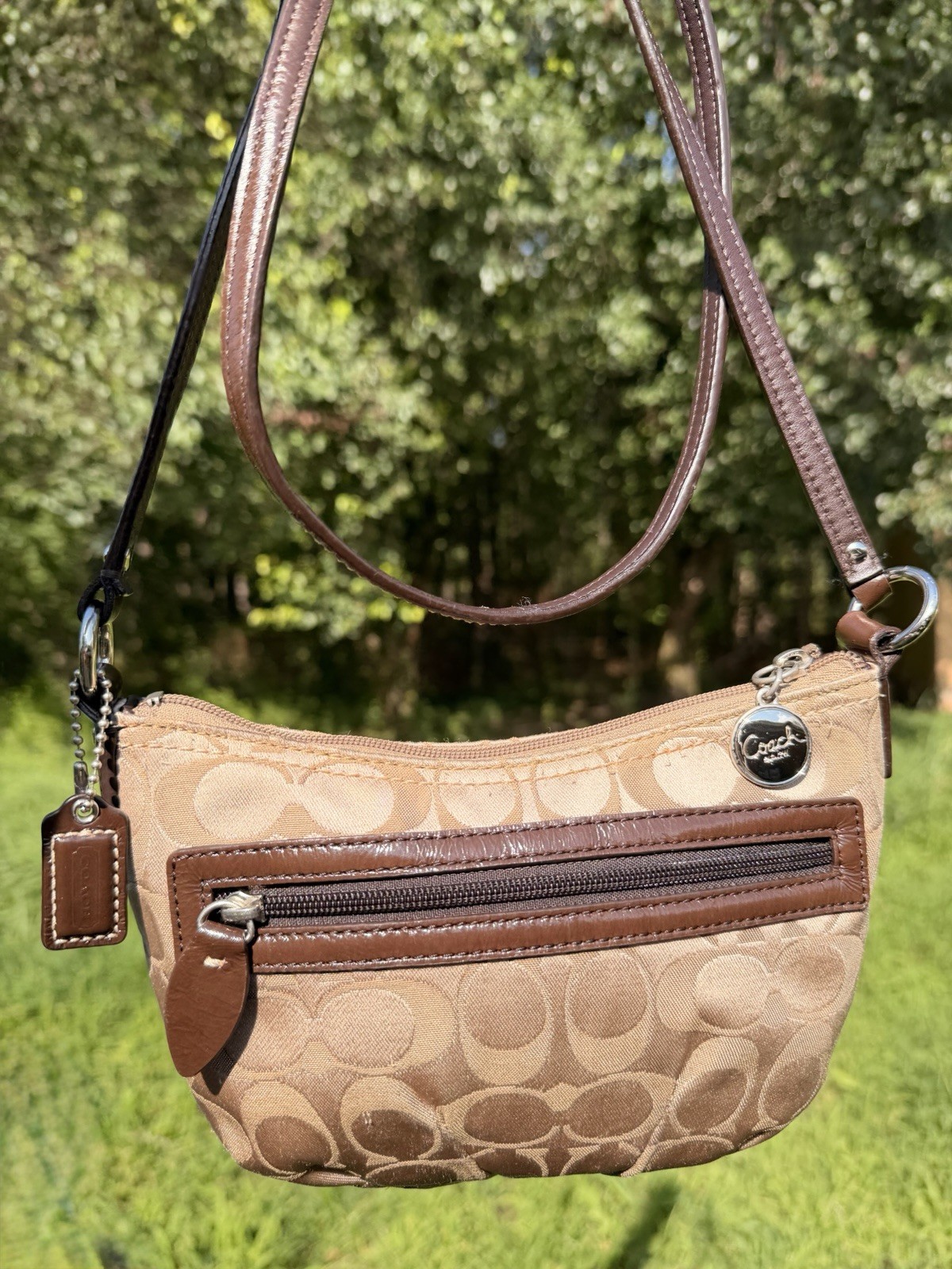Vintage Coach Signature Beige/Brown Small Crescent Shoulder Bag Zip with Strap