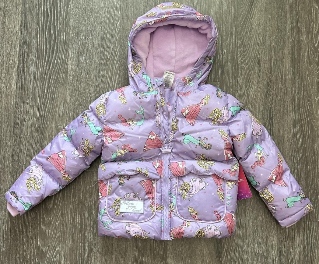 Disney Princess Print Puffer Jacket Girls S 6/6X Purple Hooded Winter Coat