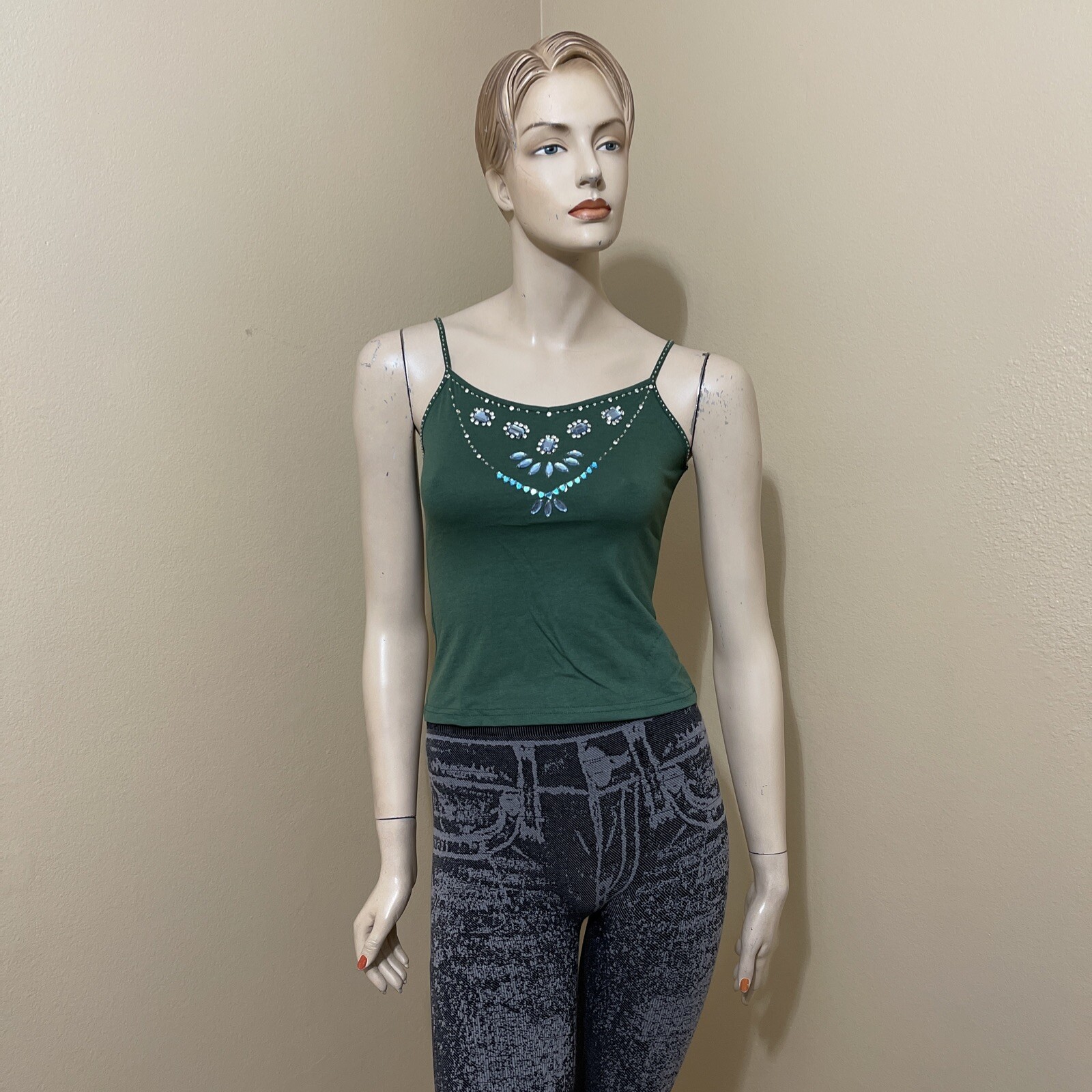 Women’s Green Polyurethane Casual Summer Stretch Slim Beaded Size S Blouse Top