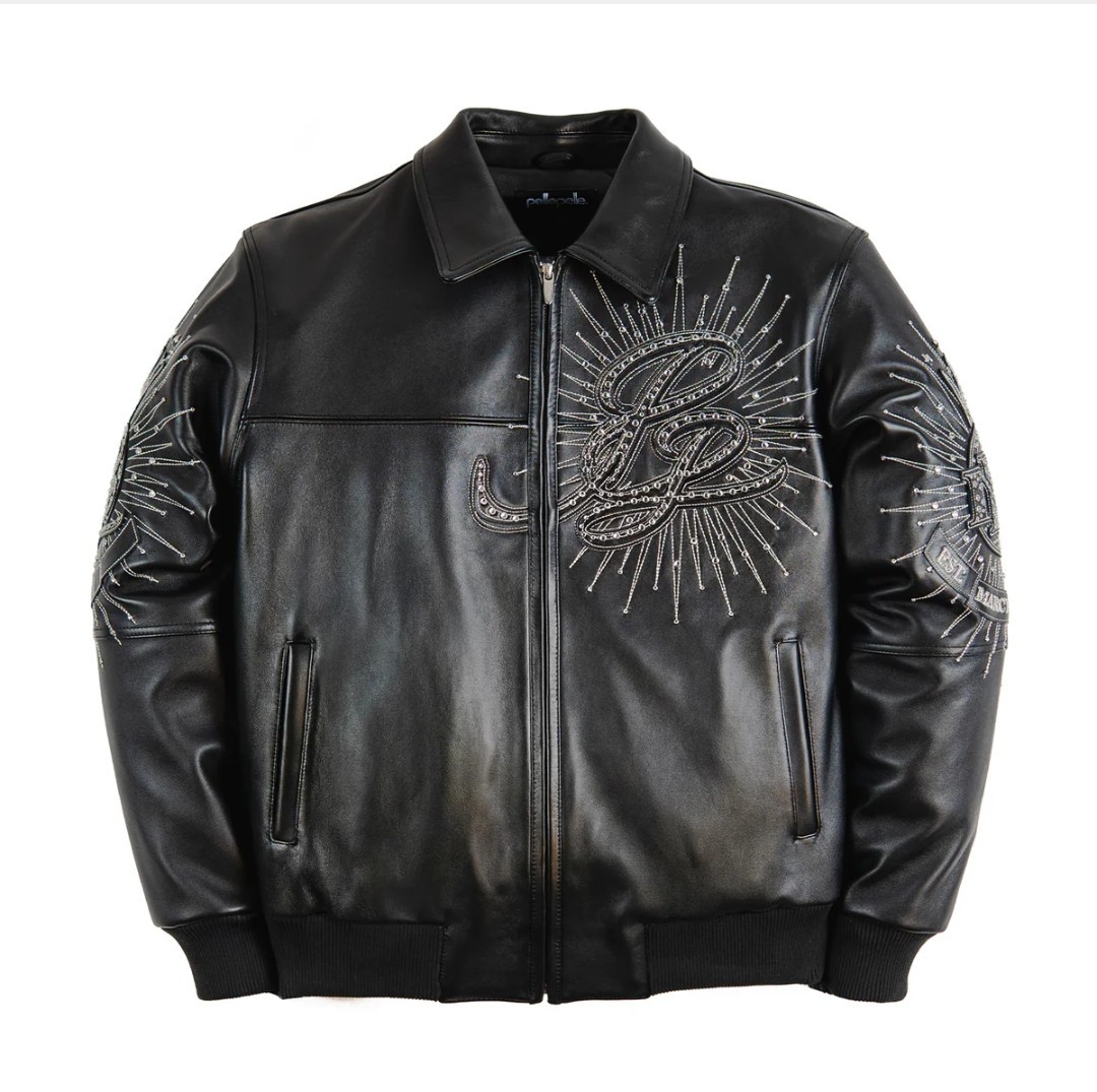Anniversary Edition Black Leather Rhinestone Bomber Jacket
