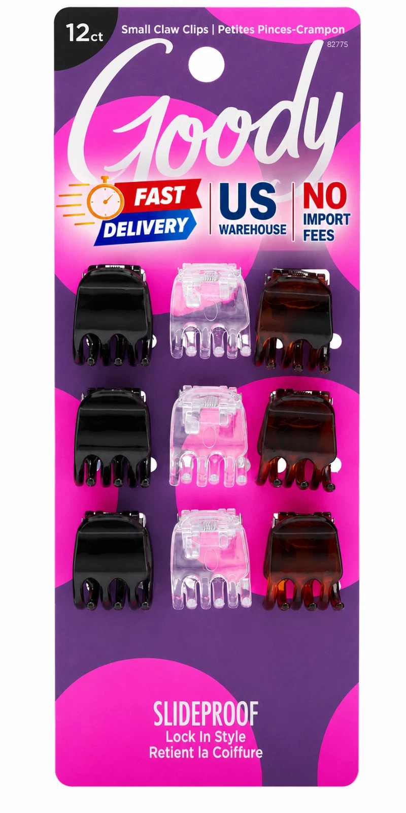 Goody Small Basic Half-Claw Hair Clips, 12-Count – 3-Prong Black,Clear,Brown