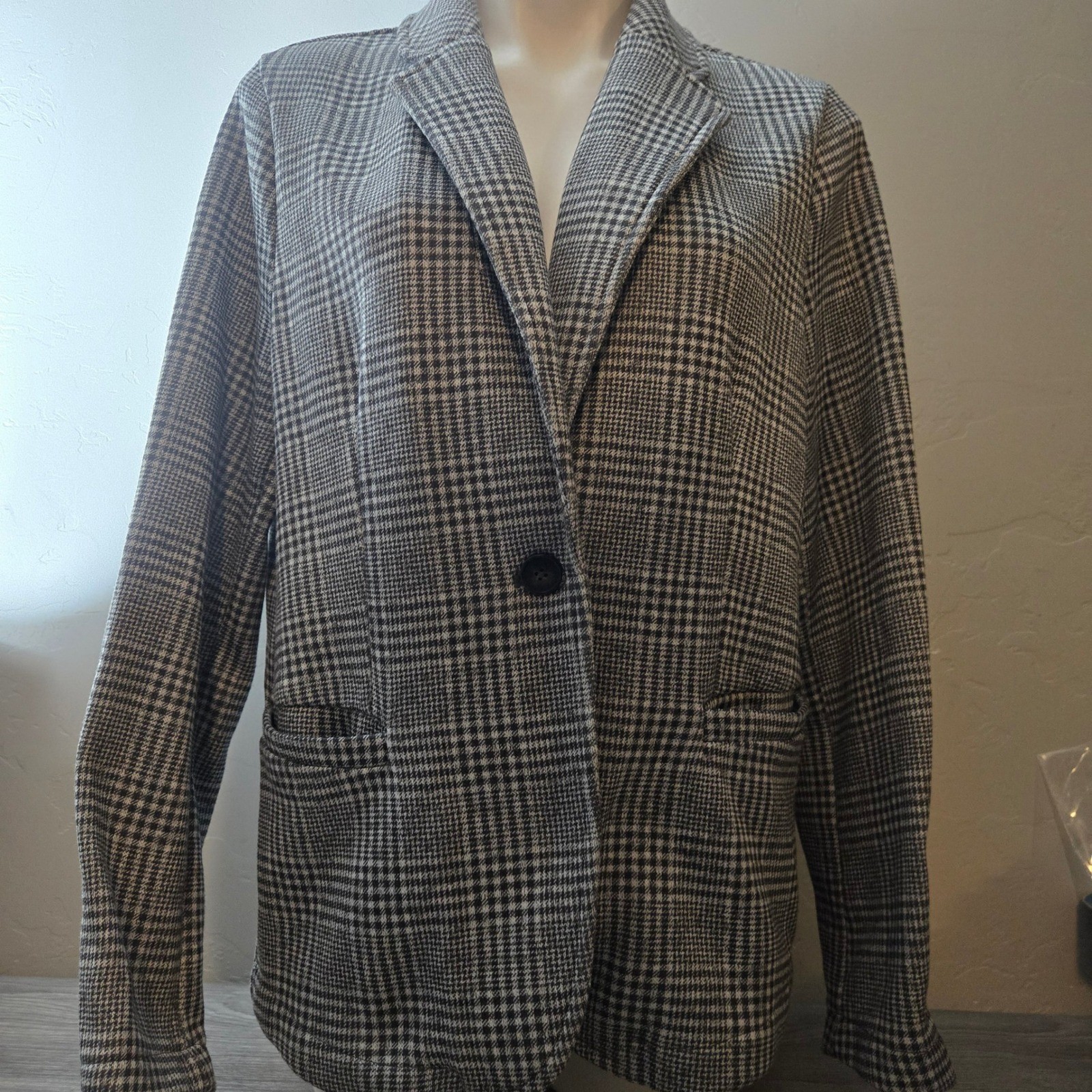 Lands’ End Black White Knit Blazer Size L Glen Plaid Single Button Fleece Lined