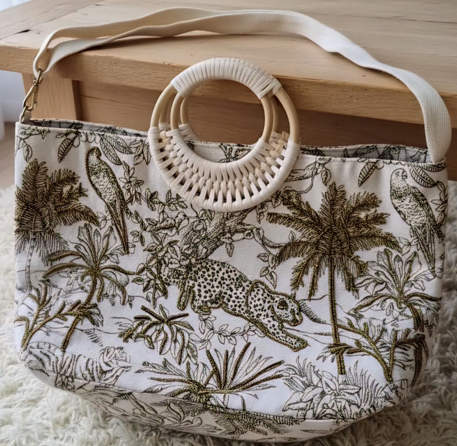 Designer Embroidery Safari Large Handbag With Round Woven Handles Detach Strap