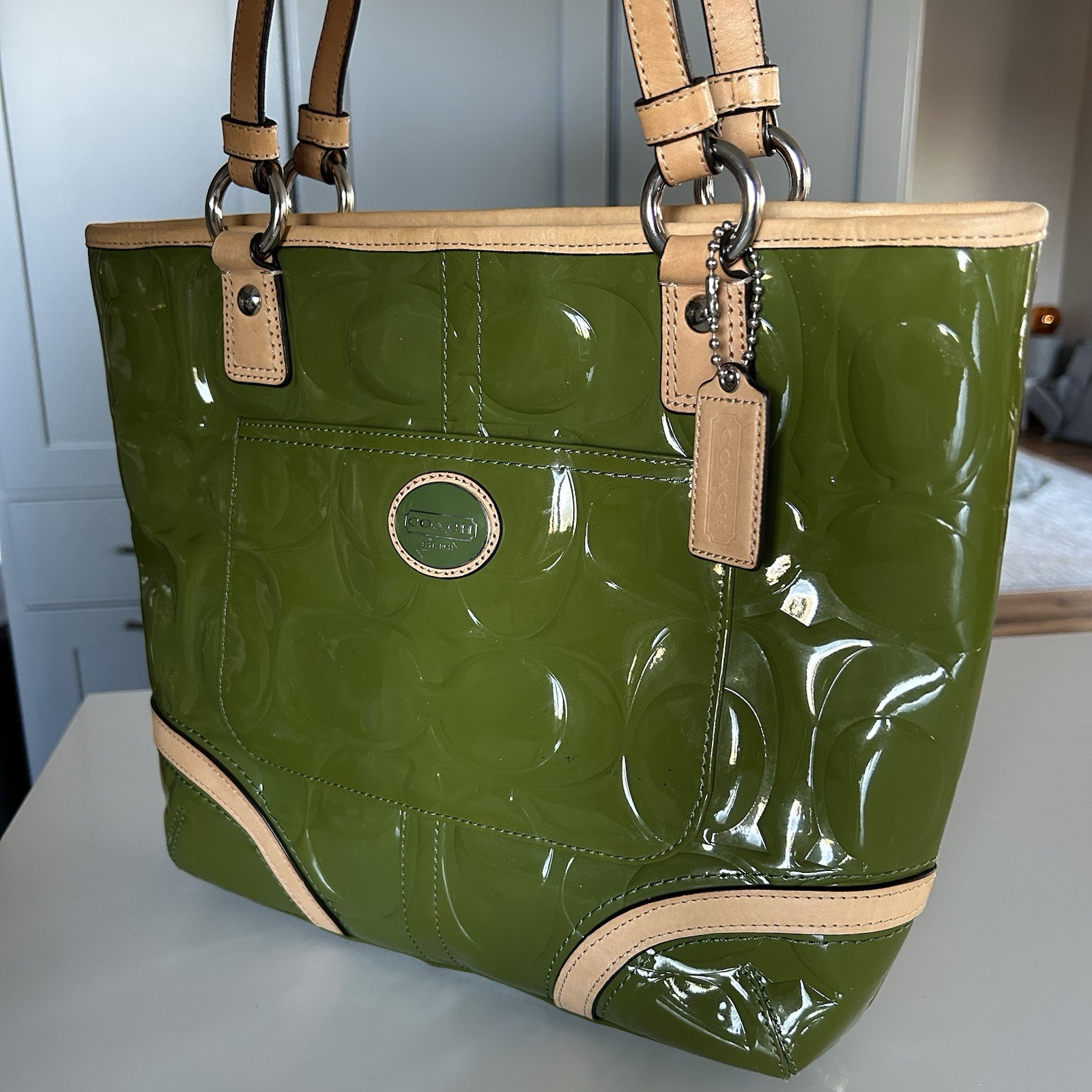 Coach Peyton Embossed Patent Leather Tote in Green Apple