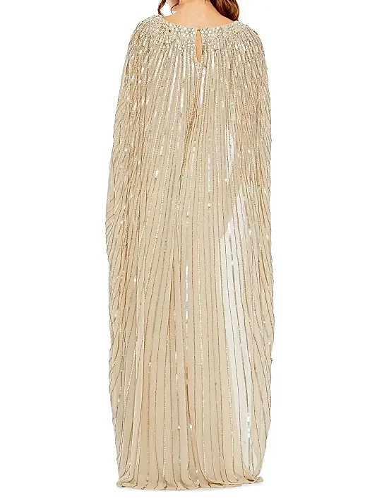 Mac Duggal Champagne Embellished Sequin Beaded Column Cape Gown Size 10 $798