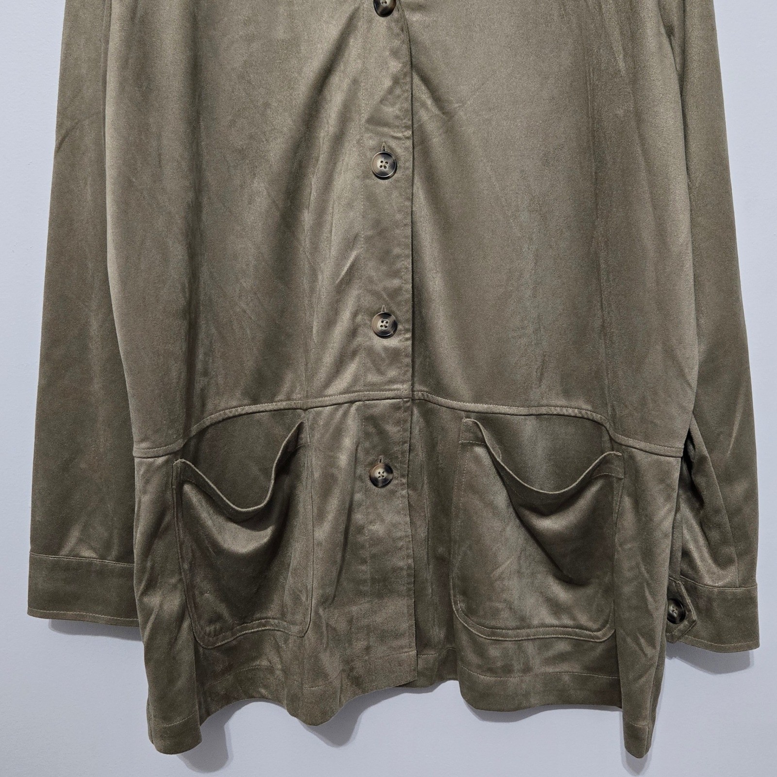 B#88 FeelGoodstore Olive Green Button Front Shirt Jacket 1X Poly Suede Pockets