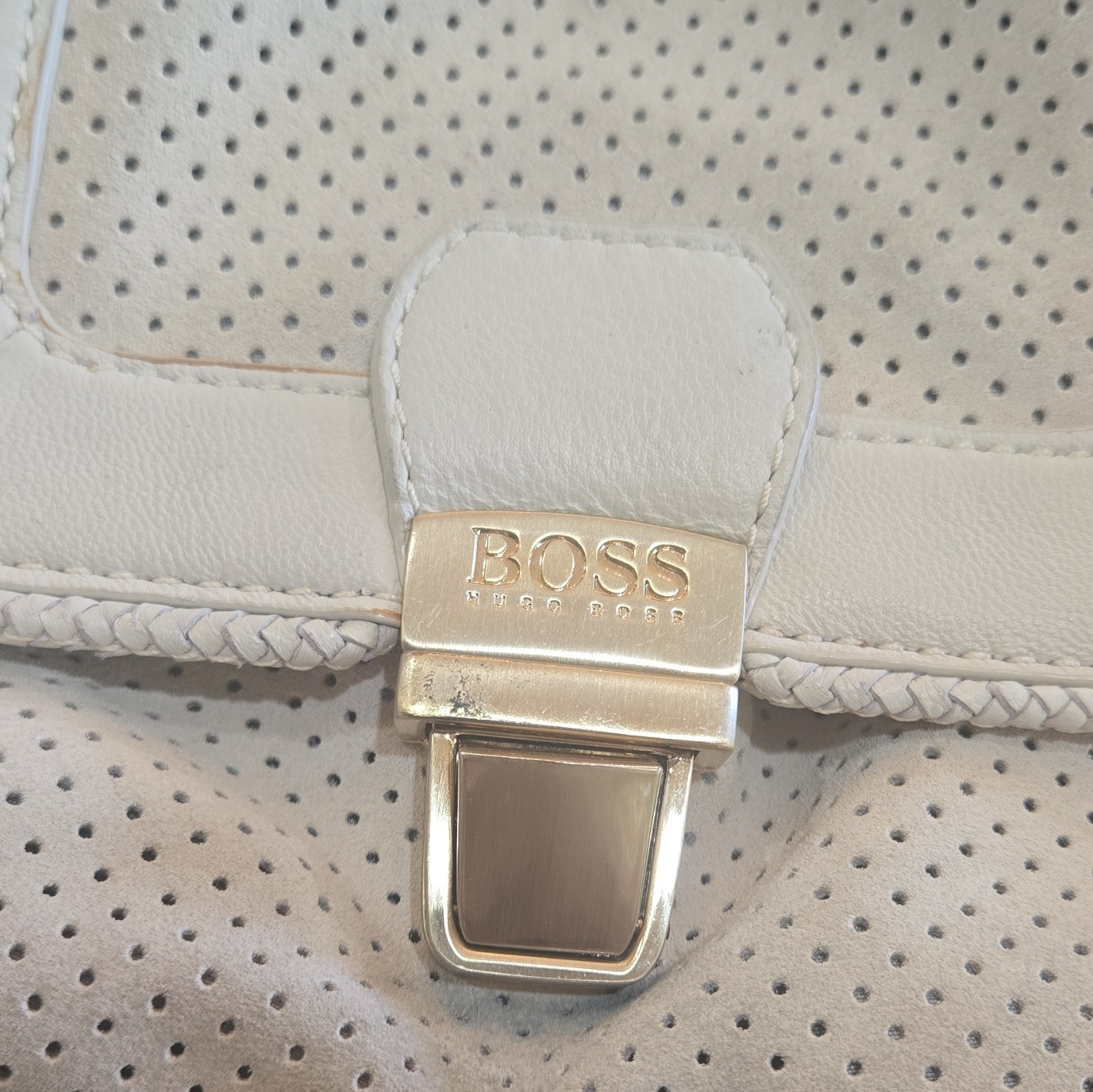 BOSS White Perforated Satchel Top Handle Gold Hardware Zip Push Lock Pockets