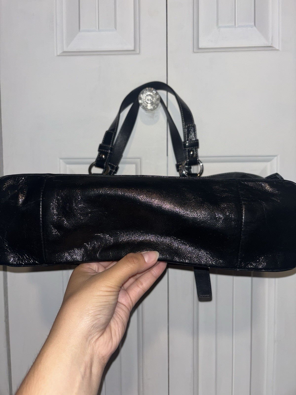 Coach Hampton Patent Black Satchel Top Handle Bag Purple Lining Pockets