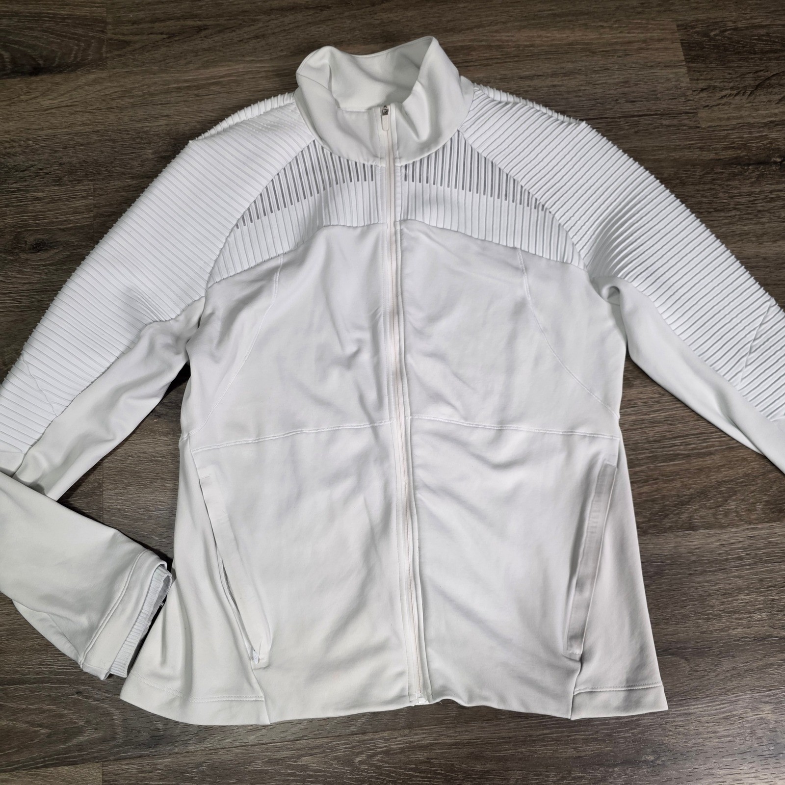 Lululemon Womens 12 Track Jacket White Moto Pleated Ribbed Full Zip Reflective