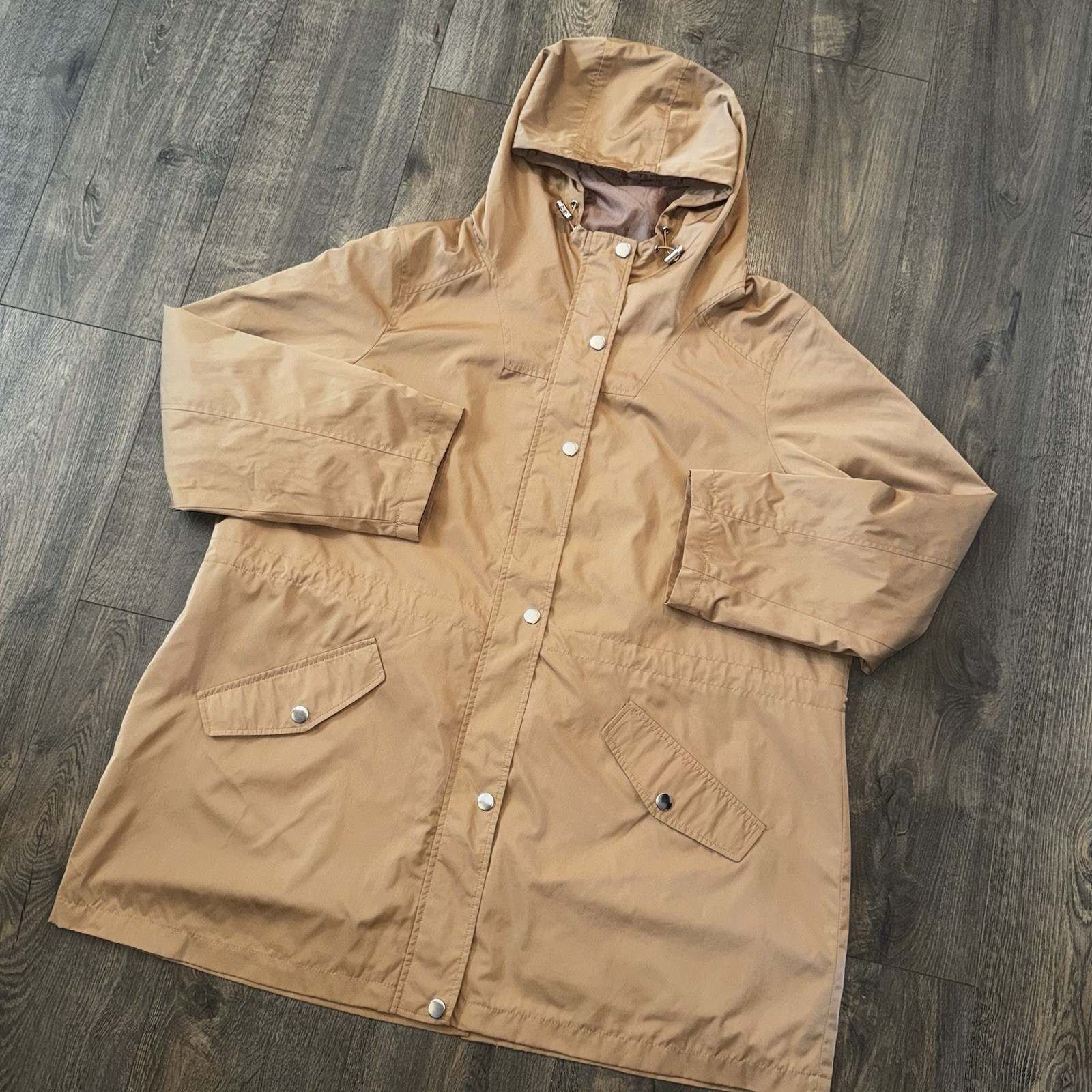 Time&Tru Women’s 1X Hooded Utility Jacket Zipup Button Hooded Khaki Windbreaker