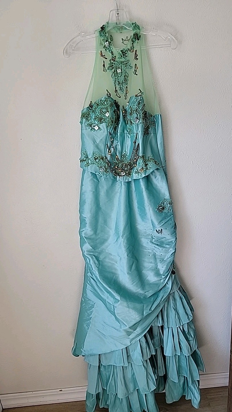 VTG Taffeta Formal Dress Size 8 Aqua Beaded Sleeveless Ruffle Tiered Prom
