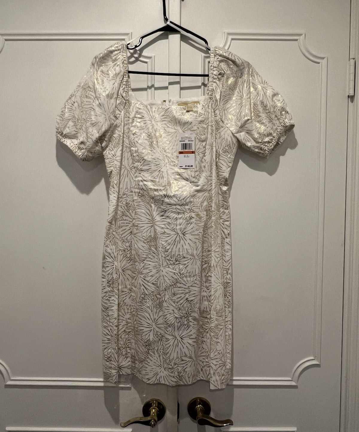 Michael Kors White Gold Floral Satin Square Neck Puff Sleeve Sheath Zip 4