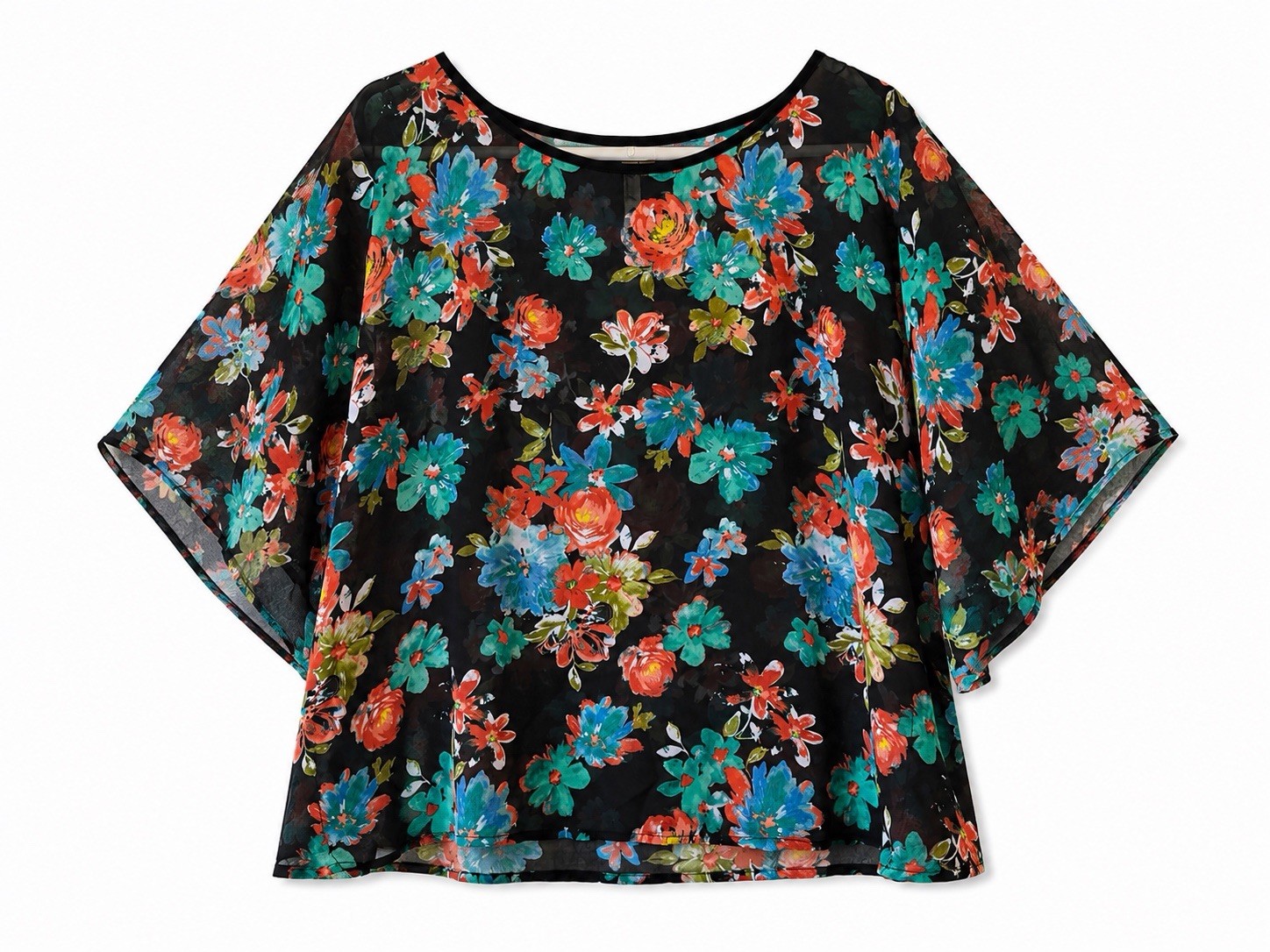 Chenault Womens Floral Chiffon Sheer Batwing Blouse Top Black Multicolor L