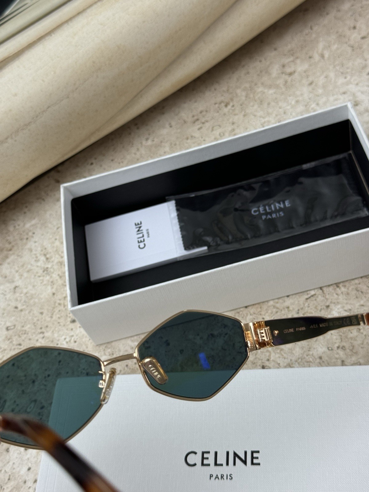 CELINE Geometric Gold Metal Sunglasses Green Lenses
