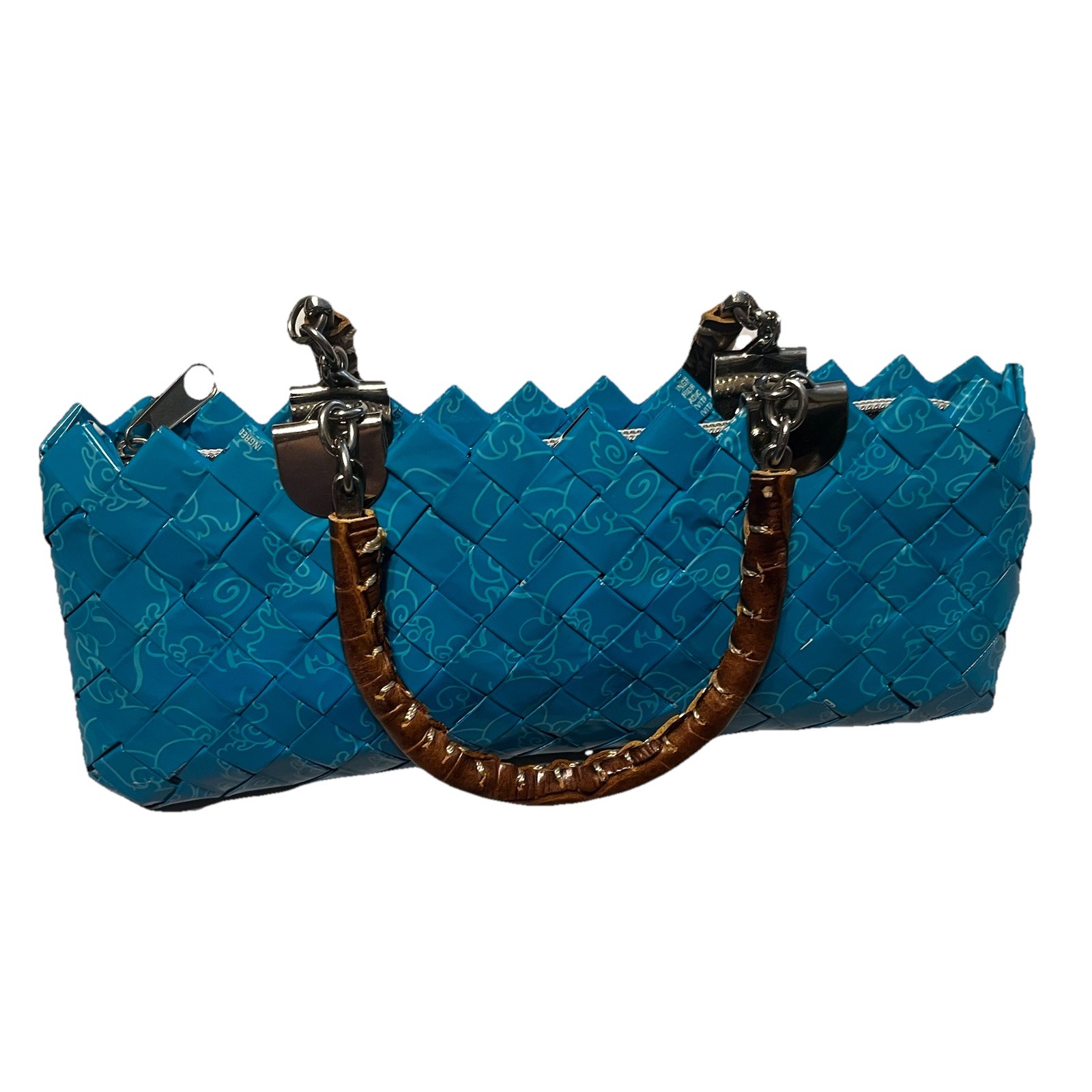 Nahui Ollin Candy Wrapper Hand Bag Teal Hand Made Woven Zipper Upcycle Recycle